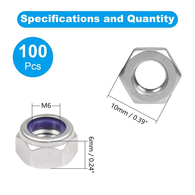 Yinpecly 100PCS M6 Locknuts M6x1.0mm Nylon Insert Hex Lock Nuts 304 Stainless Steel Metric Self-Locking Nylon Lock Nut for Industrial Construction Fasteners - Image 2
